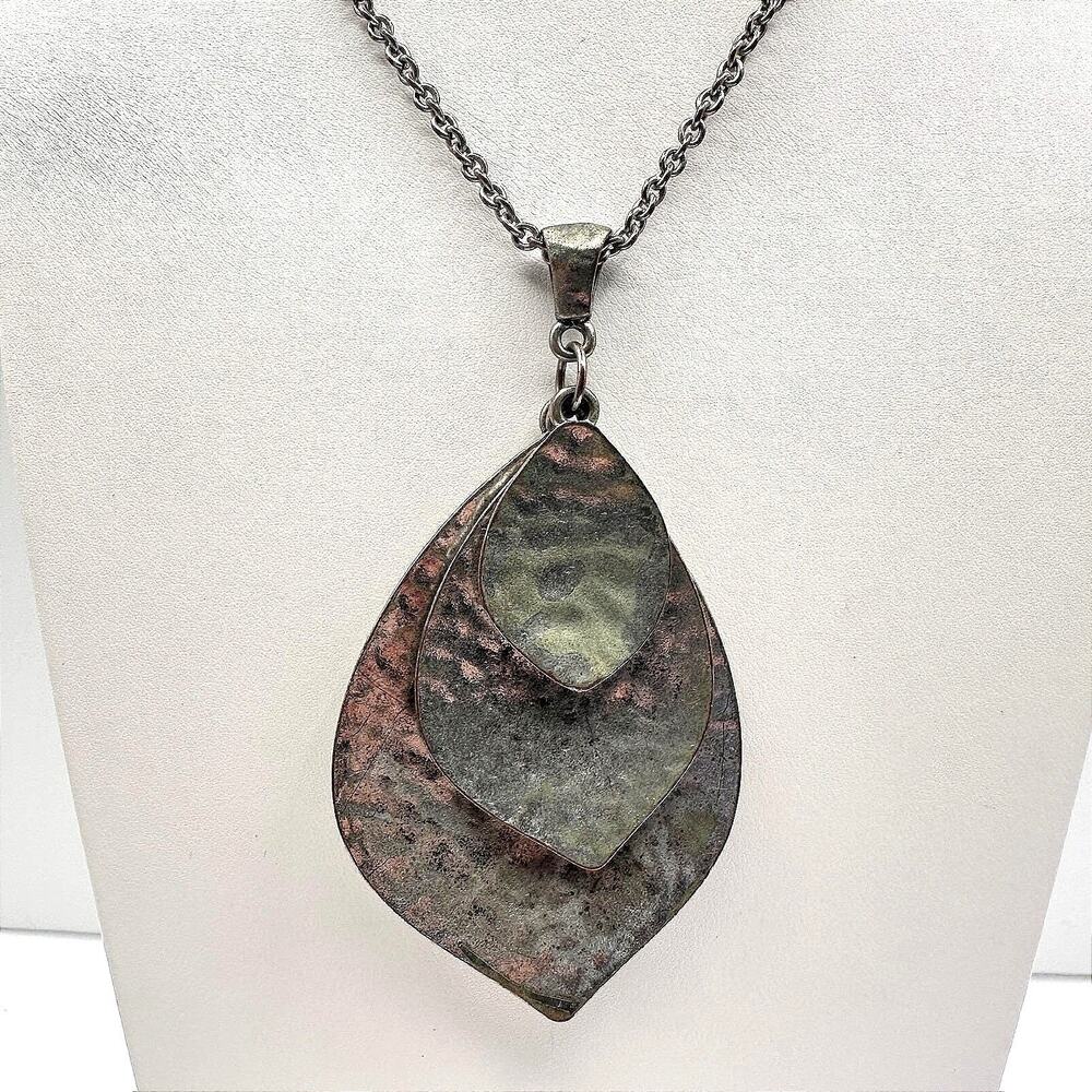 Vintage Tiered Pendant Necklace Gunmetal Gray Mottled Leaf Teardrop Layered Boho